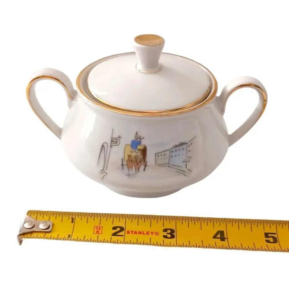 Bareuther Germany Porcelain Sugar Bowl Horse Carriage Street Scene‎ 8010 Vintage